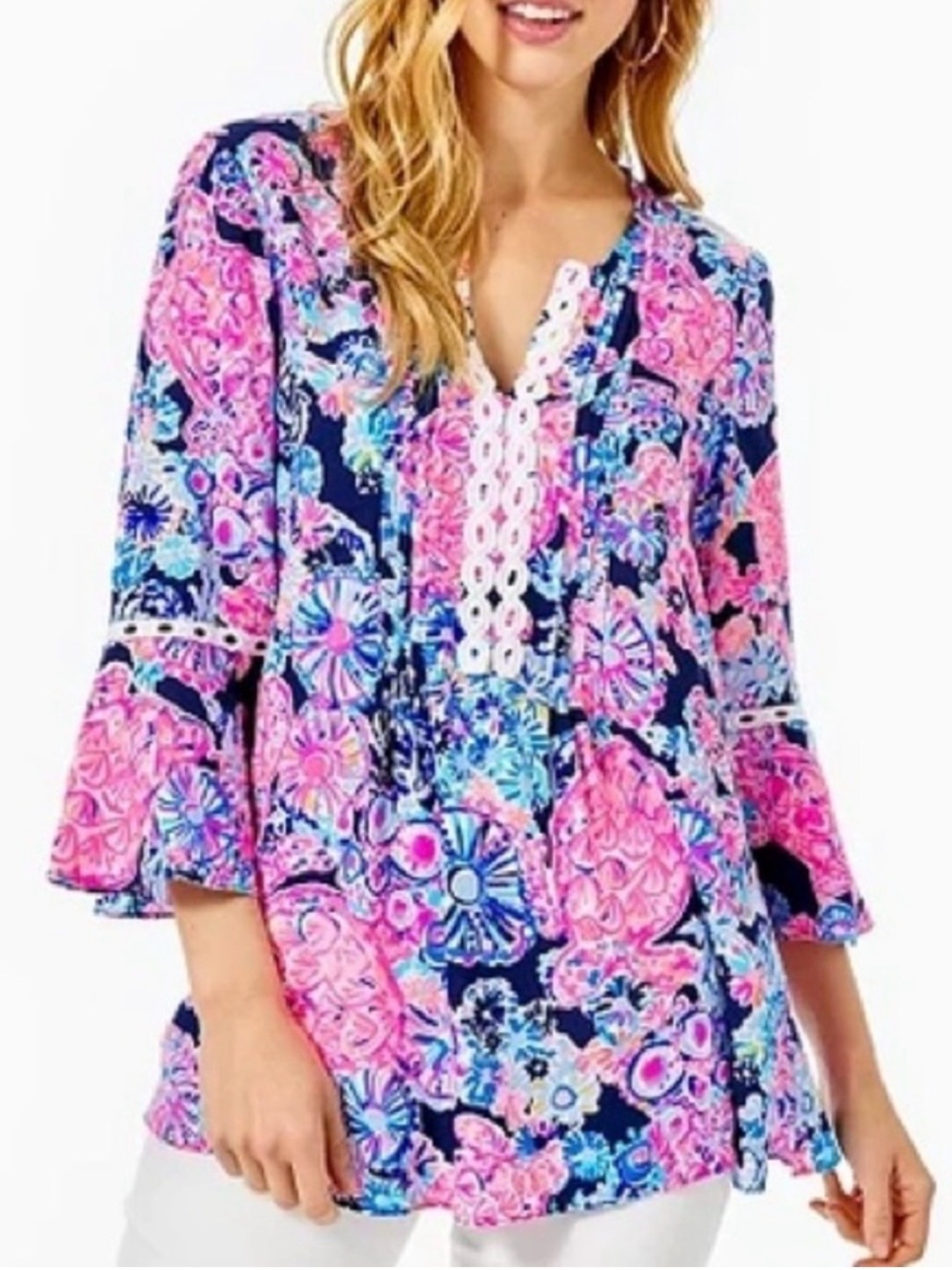 Lilly Pulitzer Hollie Tunic Top Flounce Sleeve Blooming Blue Pink Med MSRP $128